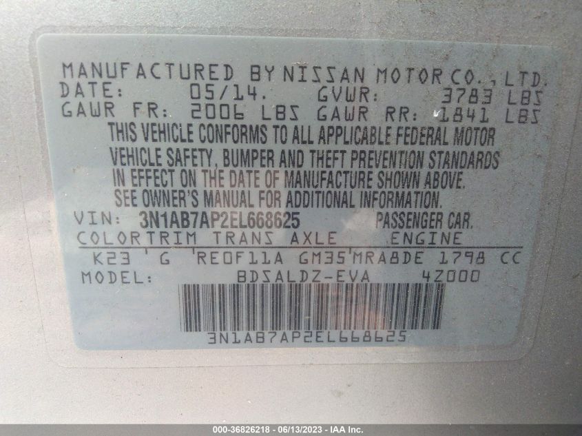 2014 NISSAN SENTRA S/FE+ S/SV/FE+ SV/SR/SL - 3N1AB7AP2EL668625
