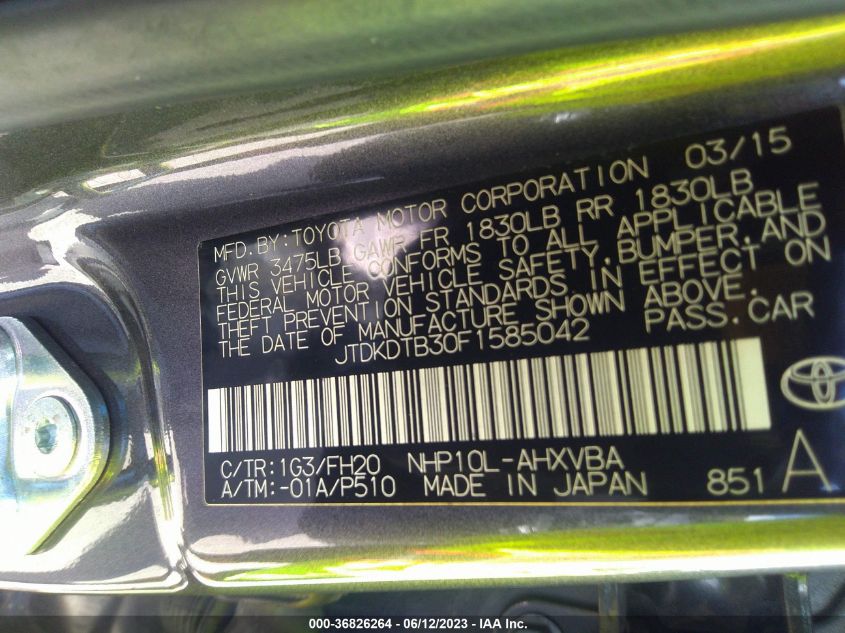 2015 TOYOTA PRIUS C ONE/TWO/THREE/FOUR - JTDKDTB30F1585042
