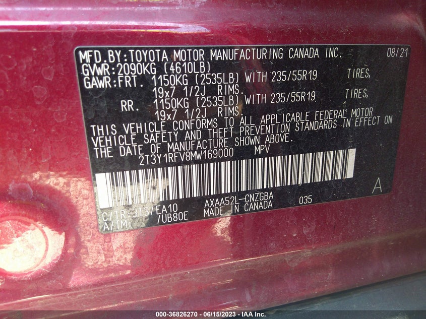 VIN 2T3Y1RFV8MW169000 2021 TOYOTA RAV4 LIMITED