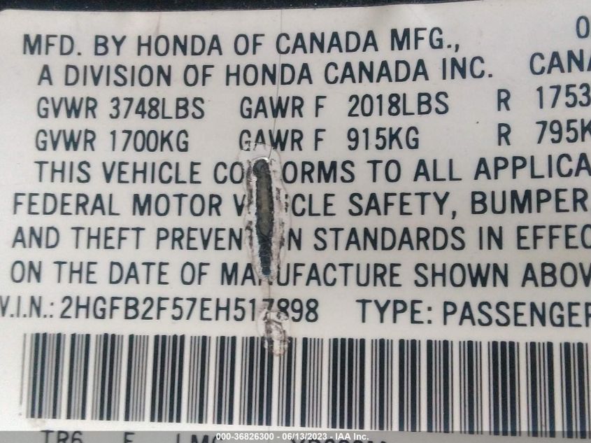 2014 HONDA CIVIC SEDAN LX - 2HGFB2F57EH517898