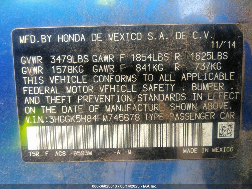 2015 HONDA FIT EX-L/EX - 3HGGK5H84FM745678