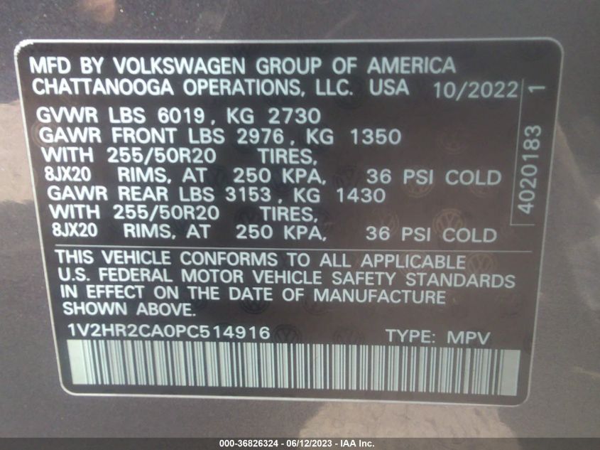 2023 VOLKSWAGEN ATLAS 3.6L V6 SE W/TECHNOLOGY - 1V2HR2CA0PC514916