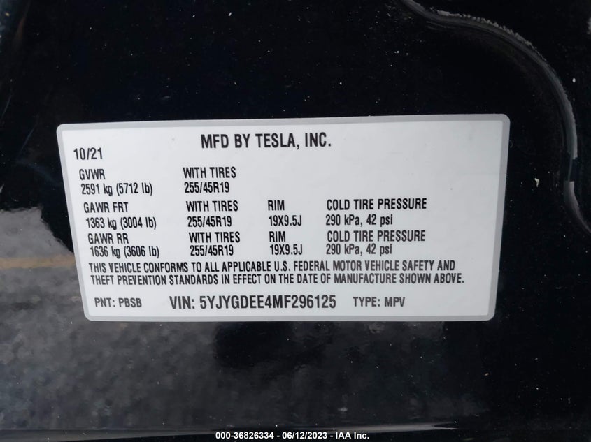 VIN 5YJYGDEE4MF296125 2021 TESLA MODEL Y LONG RANGE
