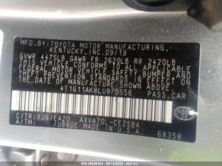 2020 TOYOTA CAMRY SE - 4T1G11AK8LU870556
