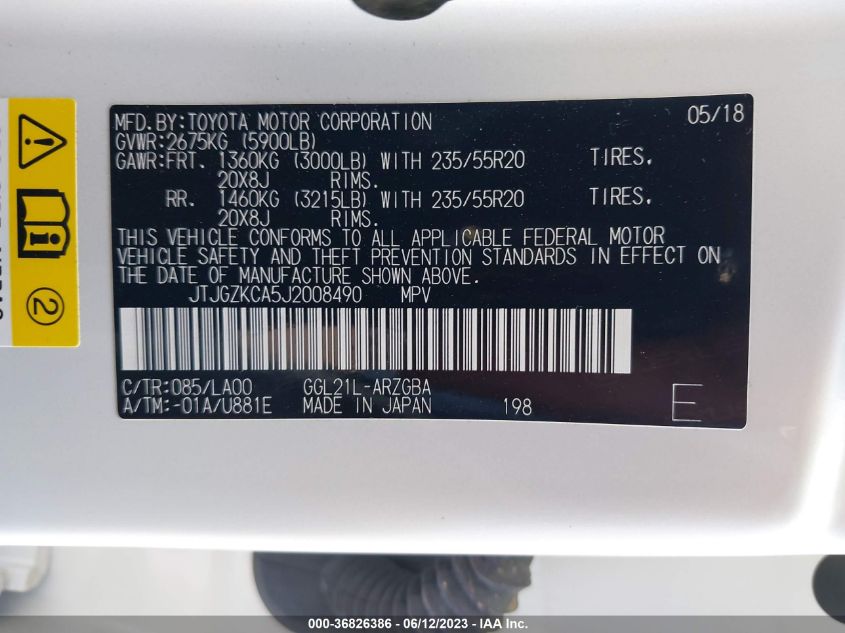 2018 LEXUS RX RX 350L - JTJGZKCA5J2008490