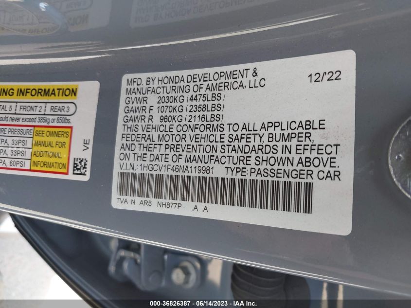 2022 HONDA ACCORD SEDAN SPORT SE - 1HGCV1F46NA119981