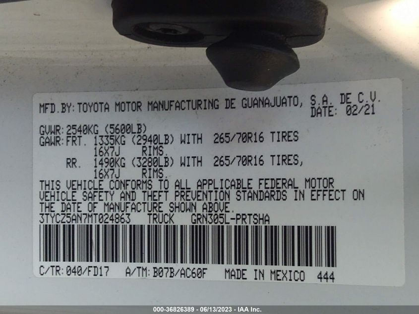 2021 TOYOTA TACOMA 4WD SR/SR5/TRD SPORT - 3TYCZ5AN7MT024863
