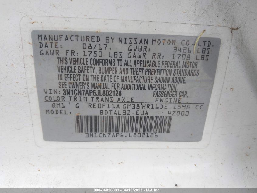 2018 NISSAN VERSA SEDAN SV - 3N1CN7AP6JL802126