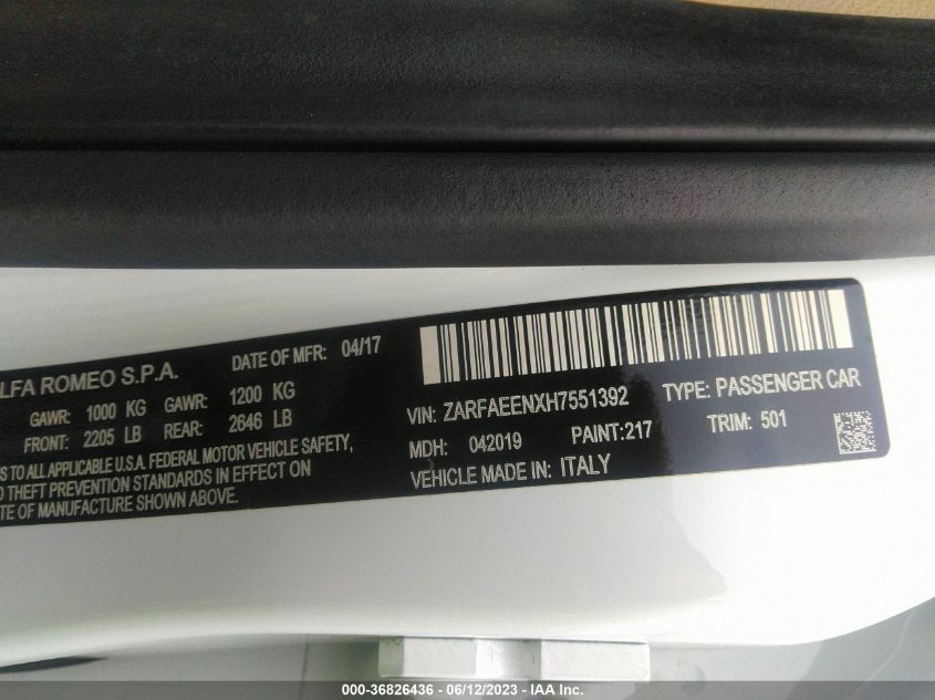 2017 ALFA ROMEO GIULIA TI - ZARFAEENXH7551392