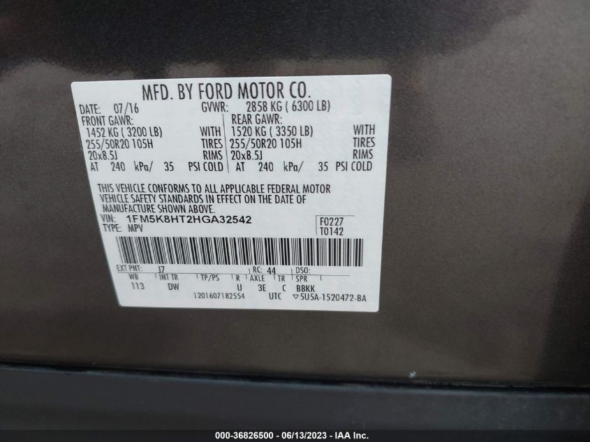 2017 FORD EXPLORER PLATINUM - 1FM5K8HT2HGA32542