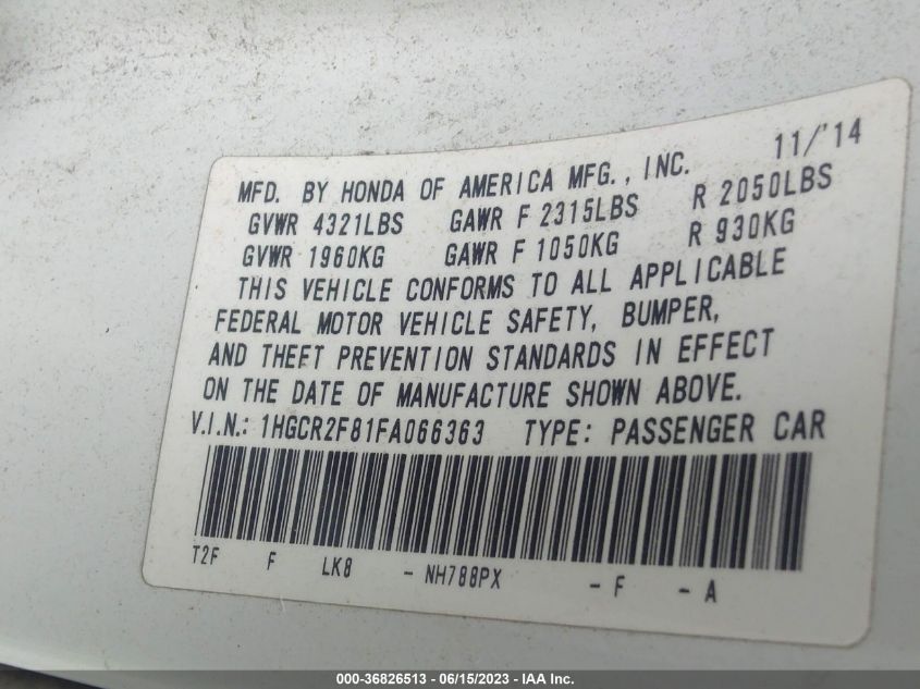 2015 HONDA ACCORD SEDAN EX-L - 1HGCR2F81FA066363