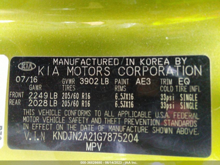 2016 KIA SOUL - KNDJN2A21G7875204