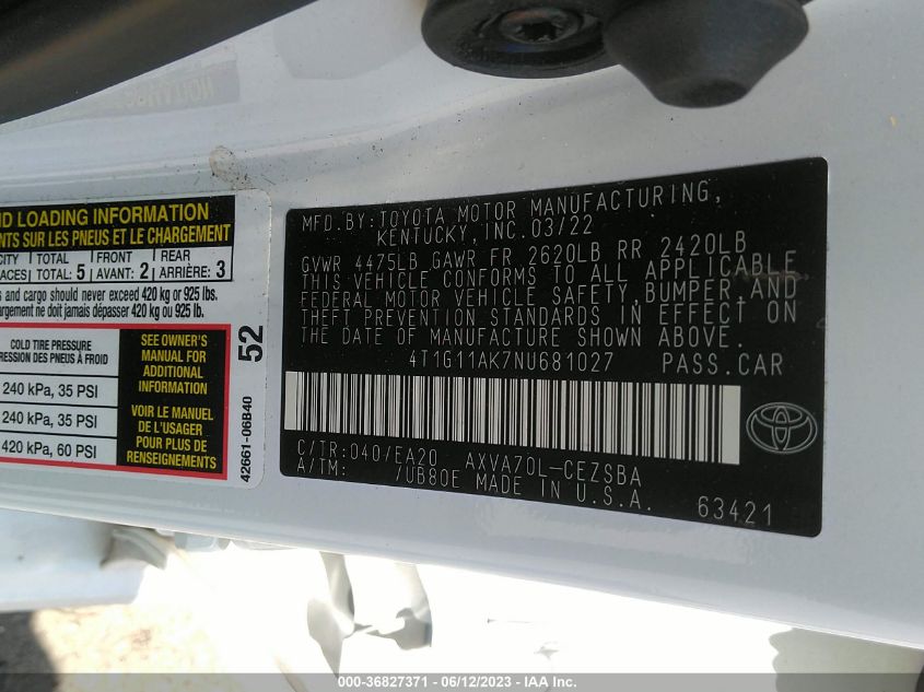 2022 TOYOTA CAMRY SE - 4T1G11AK7NU681027