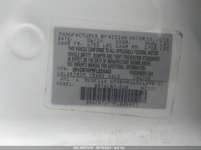 2015 NISSAN VERSA SV - 3N1CN7AP9FL824483