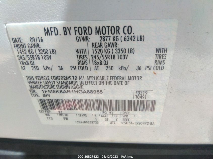 2017 FORD POLICE INTERCEPTOR - 1FM5K8AR1HGA88955