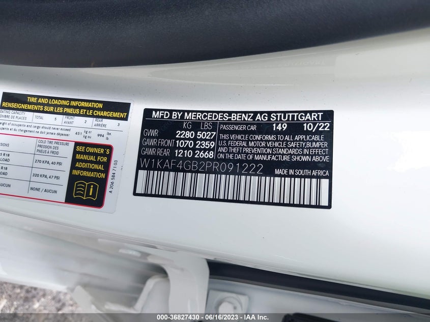 VIN W1KAF4GB2PR091222 2023 MERCEDES-BENZ C-CLASS C 300