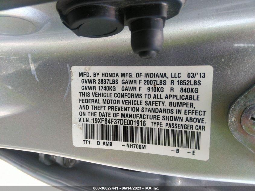 2013 HONDA CIVIC HYBRID 19XFB4F37DE001916