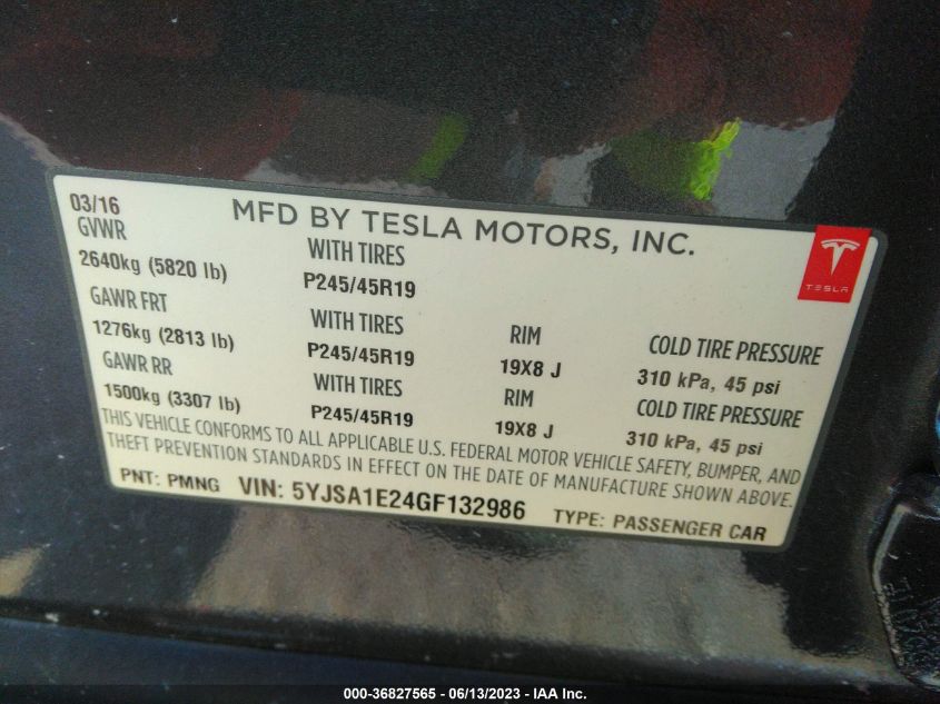 2016 TESLA MODEL S 90D/70D/75D/60D/85D - 5YJSA1E24GF132986