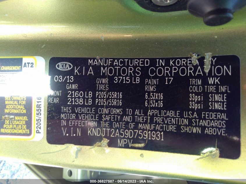 2013 KIA SOUL BASE - KNDJT2A59D7591931