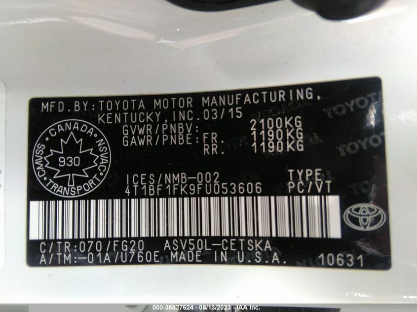 2015 TOYOTA CAMRY LE/XLE/SE/XSE - 4T1BF1FK9FU053606
