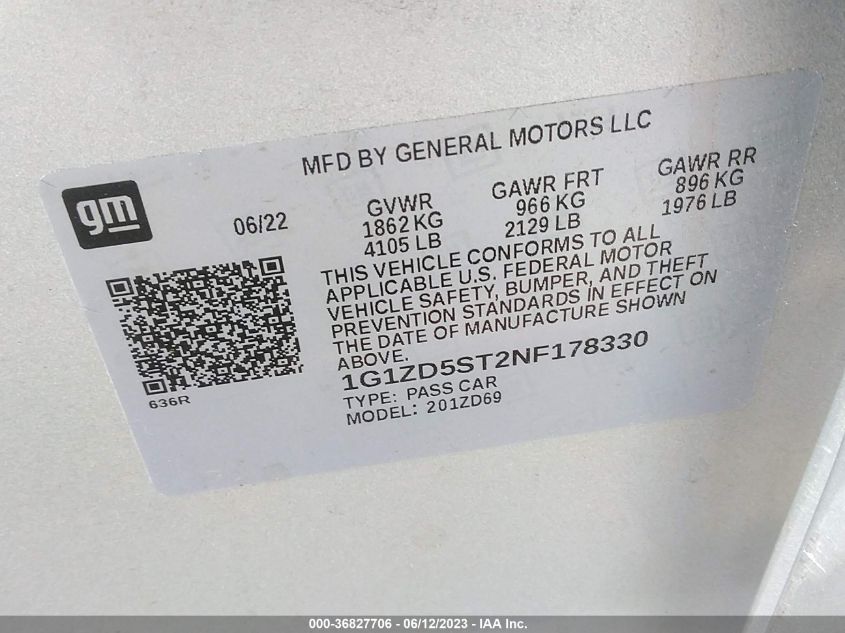 2022 CHEVROLET MALIBU LT - 1G1ZD5ST2NF178330
