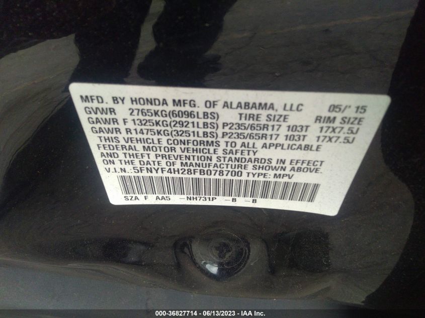 2015 HONDA PILOT LX - 5FNYF4H28FB078700