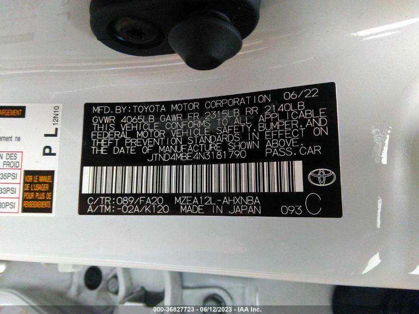 2022 TOYOTA COROLLA HATCHBACK SE/NIGHTSHADE/XSE JTND4MBE4N3181790