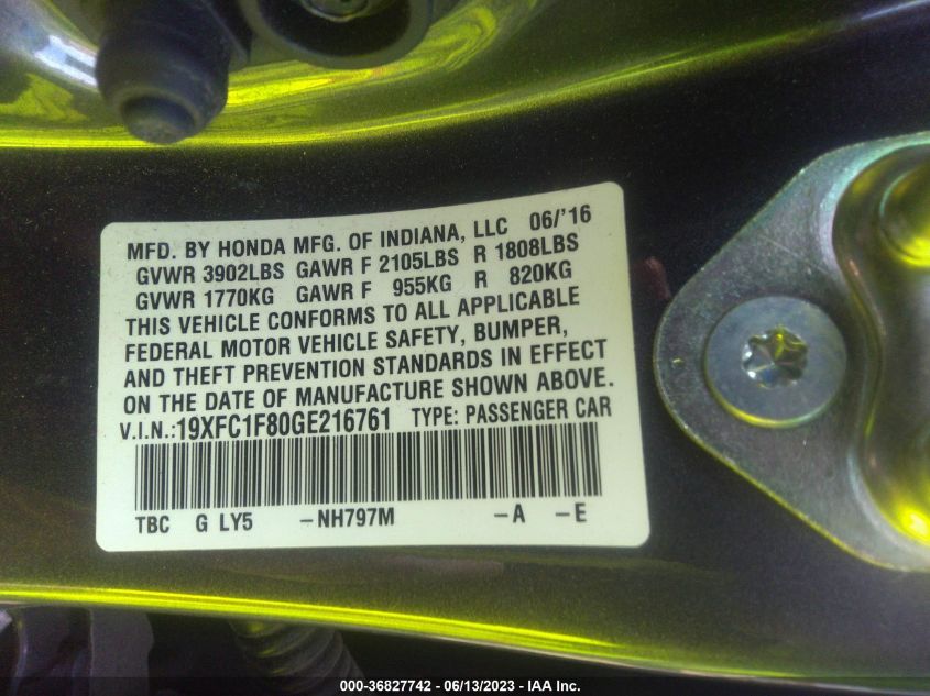 2016 HONDA CIVIC SEDAN EX-L - 19XFC1F80GE216761