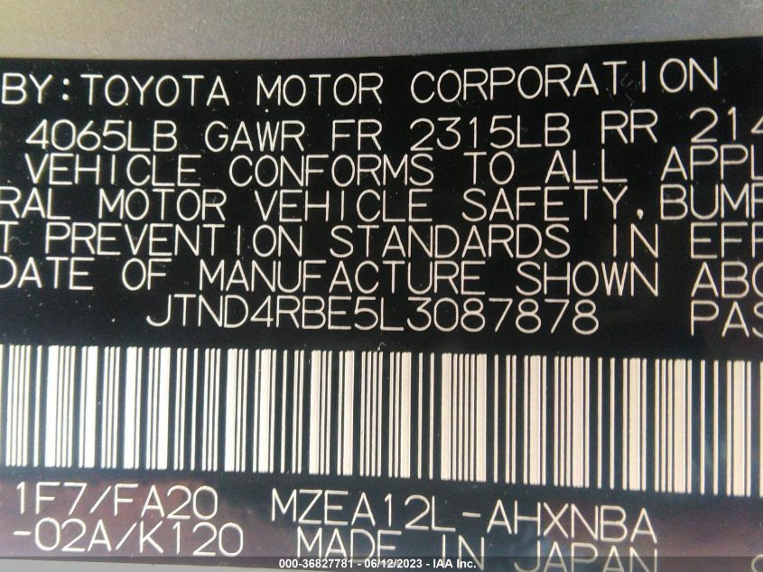 2020 TOYOTA COROLLA HATCHBACK SE/XSE/NIGHTSHADE JTND4RBE5L3087878