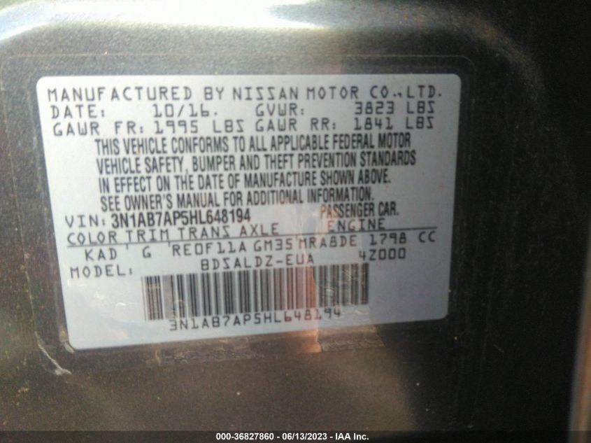 2017 NISSAN SENTRA SV - 3N1AB7AP5HL648194