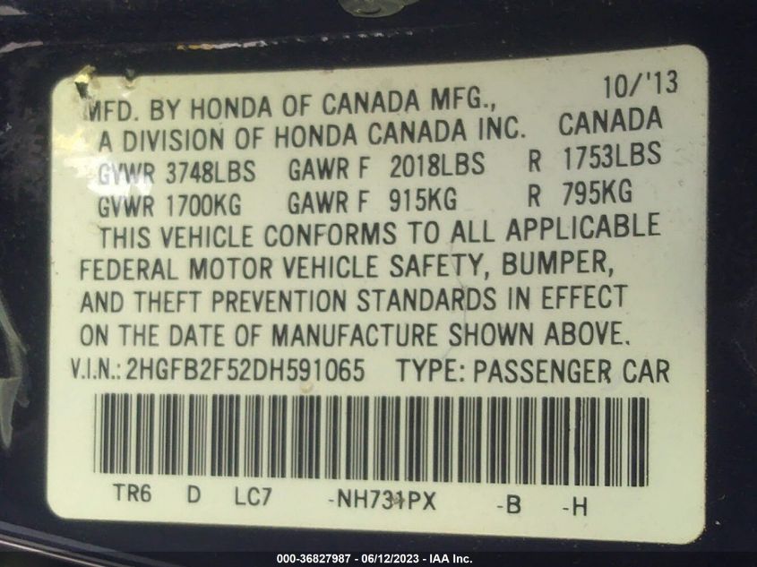 2013 HONDA CIVIC SDN LX - 2HGFB2F52DH591065