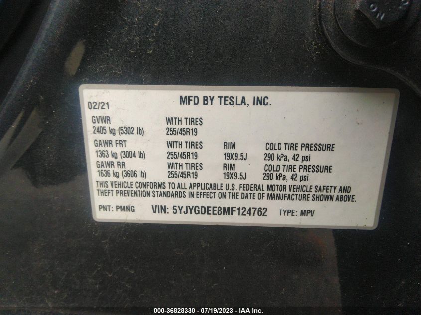 2021 TESLA MODEL Y LONG RANGE - 5YJYGDEE8MF124762