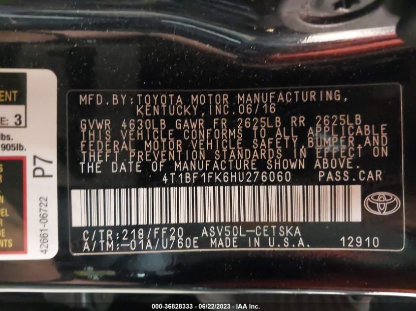 2017 TOYOTA CAMRY XLE/SE/LE/XSE - 4T1BF1FK6HU276060