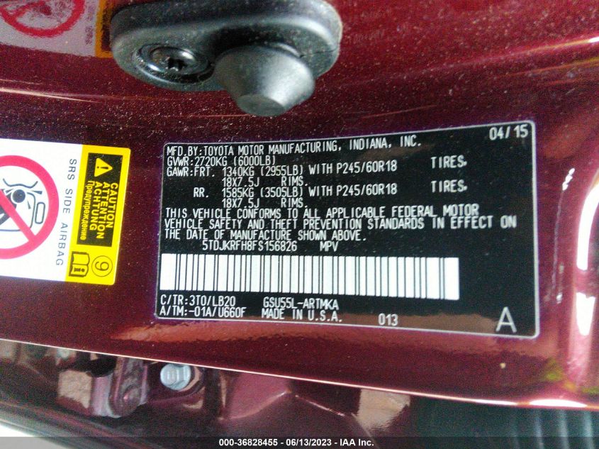 2015 TOYOTA HIGHLANDER XLE - 5TDJKRFH8FS156826