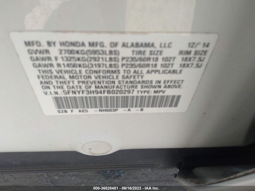 2015 HONDA PILOT TOURING - 5FNYF3H94FB020297