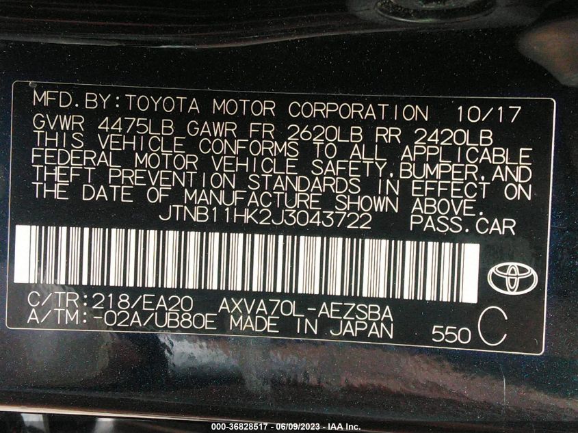 2018 TOYOTA CAMRY LE/SE/XLE/L - JTNB11HK2J3043722