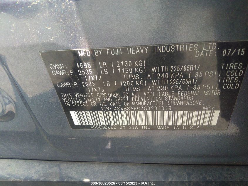 2016 SUBARU OUTBACK 2.5I PREMIUM - 4S4BSAFC7G3201019