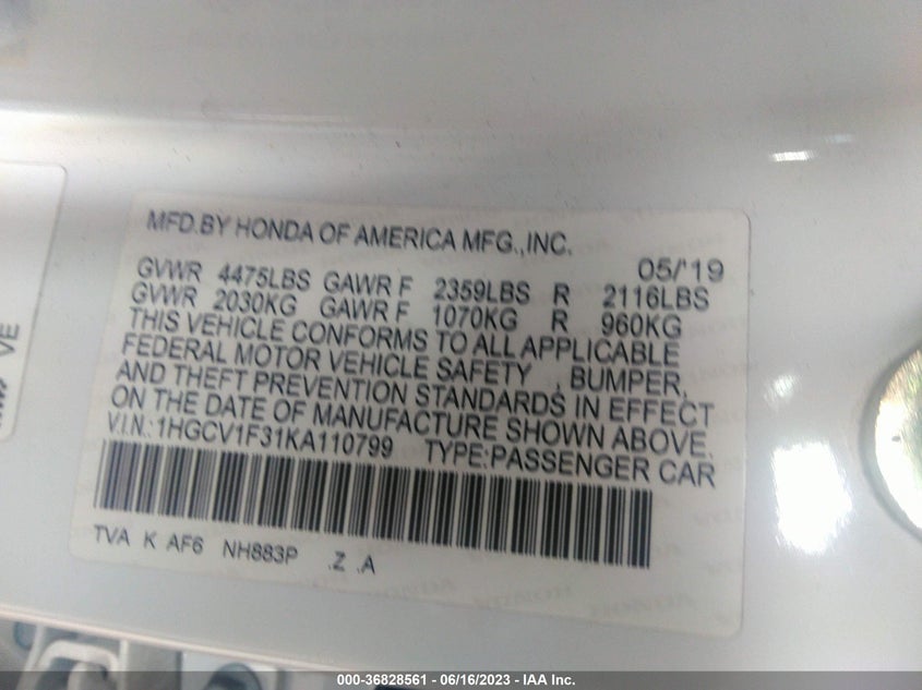 VIN 1HGCV1F31KA110799 2019 HONDA ACCORD SEDAN SPORT 1.5T