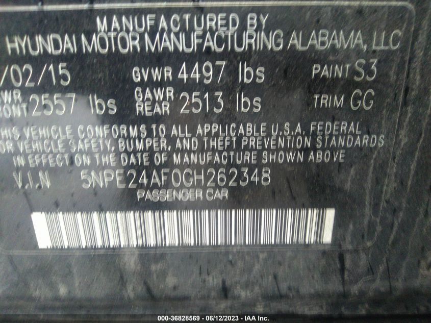 2016 HYUNDAI SONATA 2.4L SE - 5NPE24AF0GH262348
