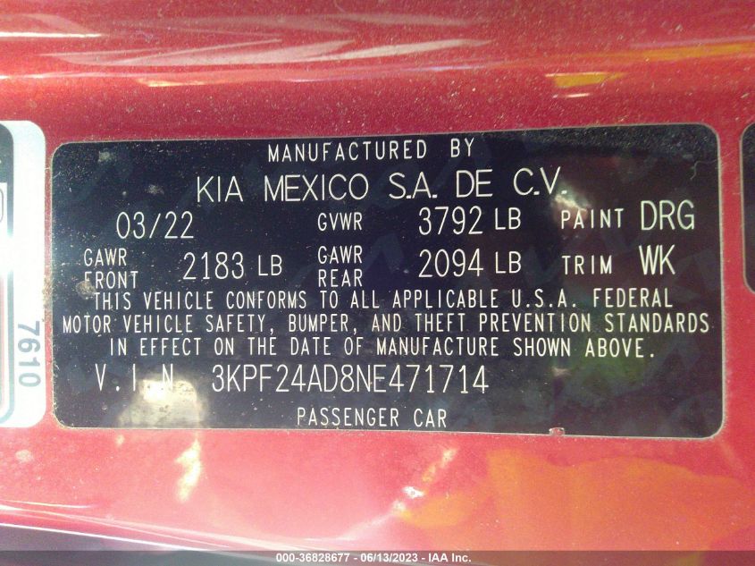 2022 KIA FORTE FE/LXS - 3KPF24AD8NE471714