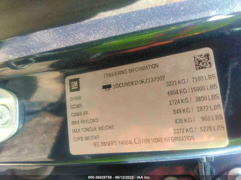 2019 CHEVROLET SILVERADO 1500 LT - 1GCUYDED1KZ137007