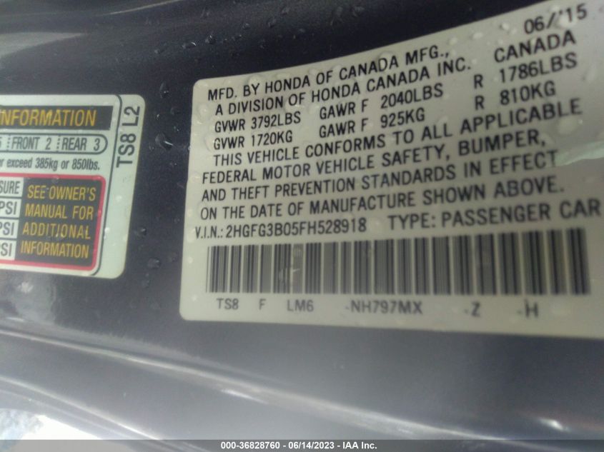2015 HONDA CIVIC COUPE EX-L - 2HGFG3B05FH528918