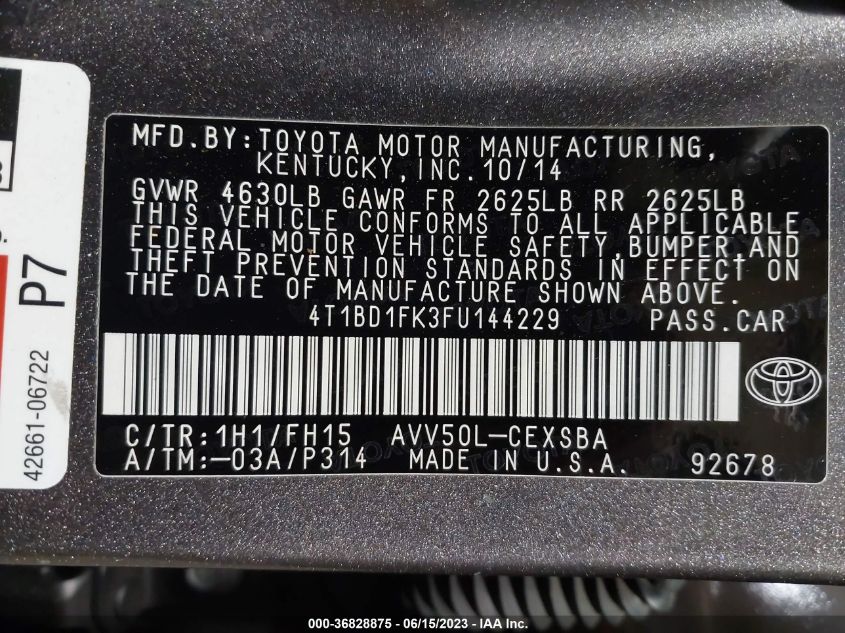 2015 TOYOTA CAMRY HYBRID LE/XLE/SE - 4T1BD1FK3FU144229