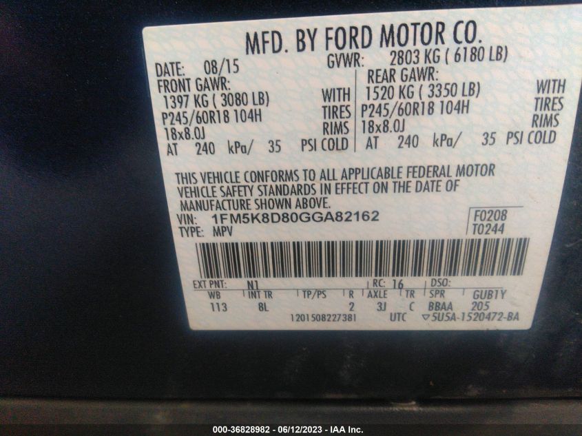 2016 FORD EXPLORER XLT - 1FM5K8D80GGA82162