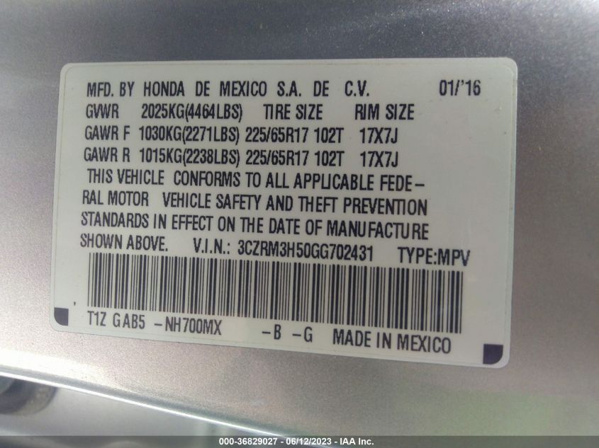 2016 HONDA CR-V EX - 3CZRM3H50GG702431