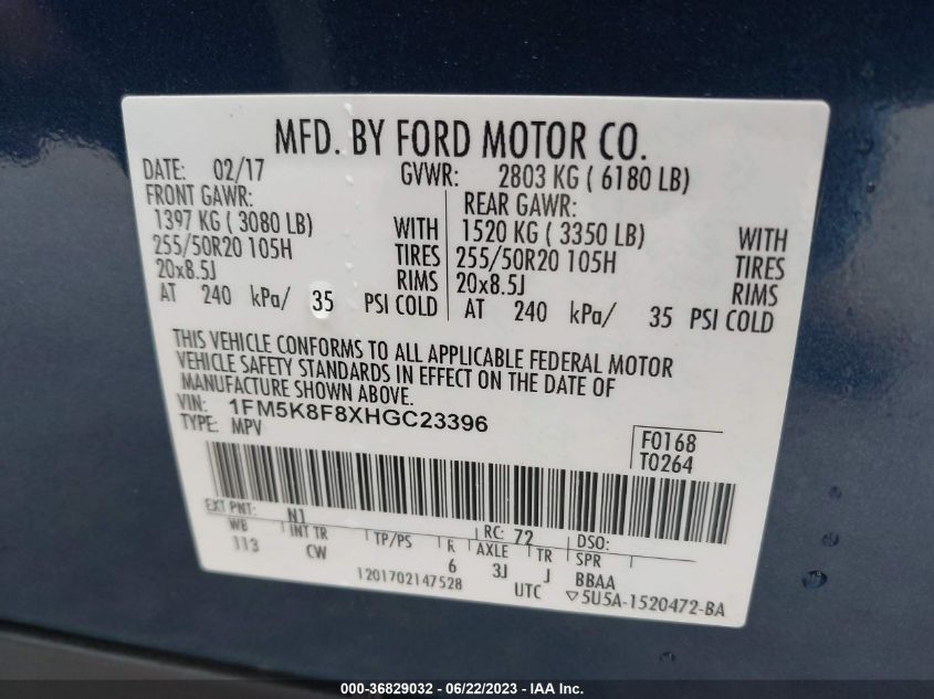 2017 FORD EXPLORER LIMITED - 1FM5K8F8XHGC23396