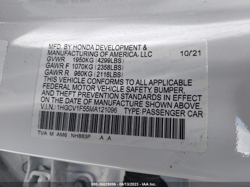 2021 HONDA ACCORD SEDAN EX-L - 1HGCV1F55MA121096