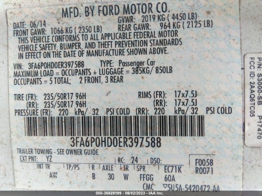 2014 FORD FUSION SE - 3FA6P0HD0ER397588