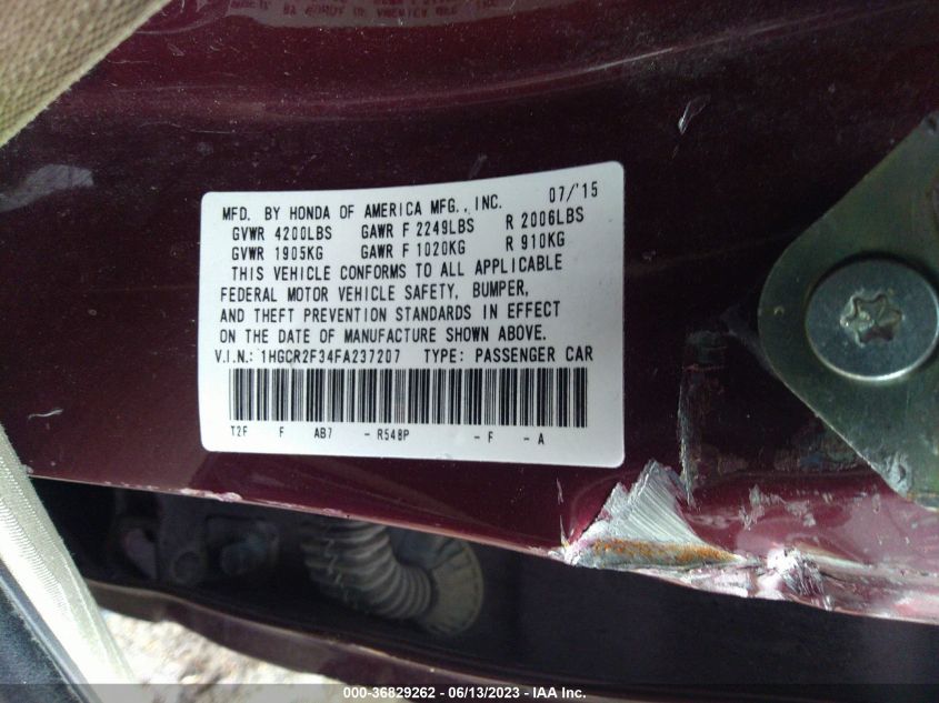 2015 HONDA ACCORD SEDAN LX - 1HGCR2F34FA237207
