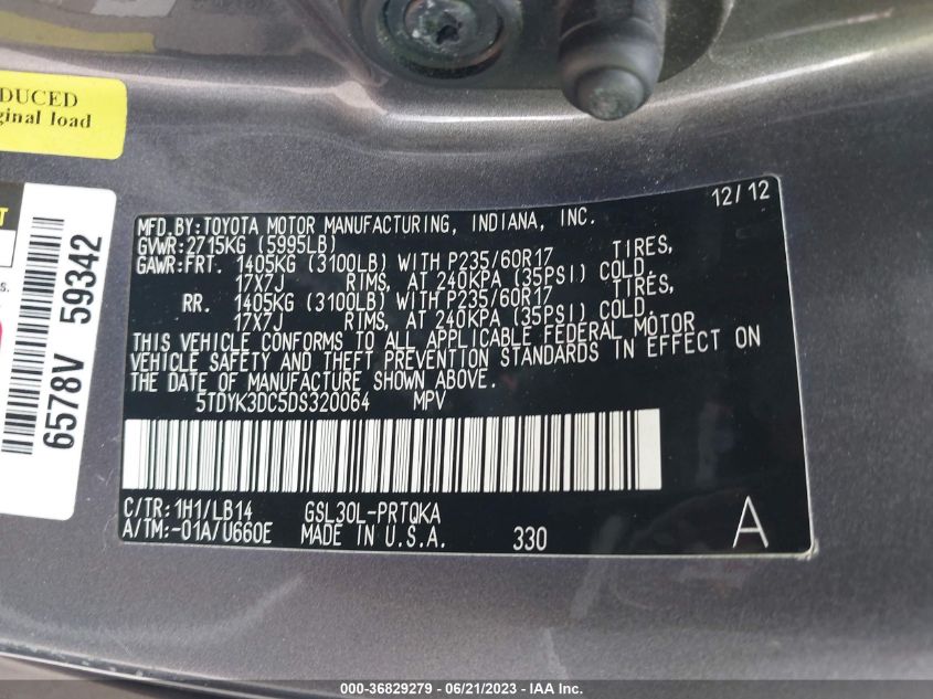 2013 TOYOTA SIENNA XLE AAS/XLE/LTD - 5TDYK3DC5DS320064